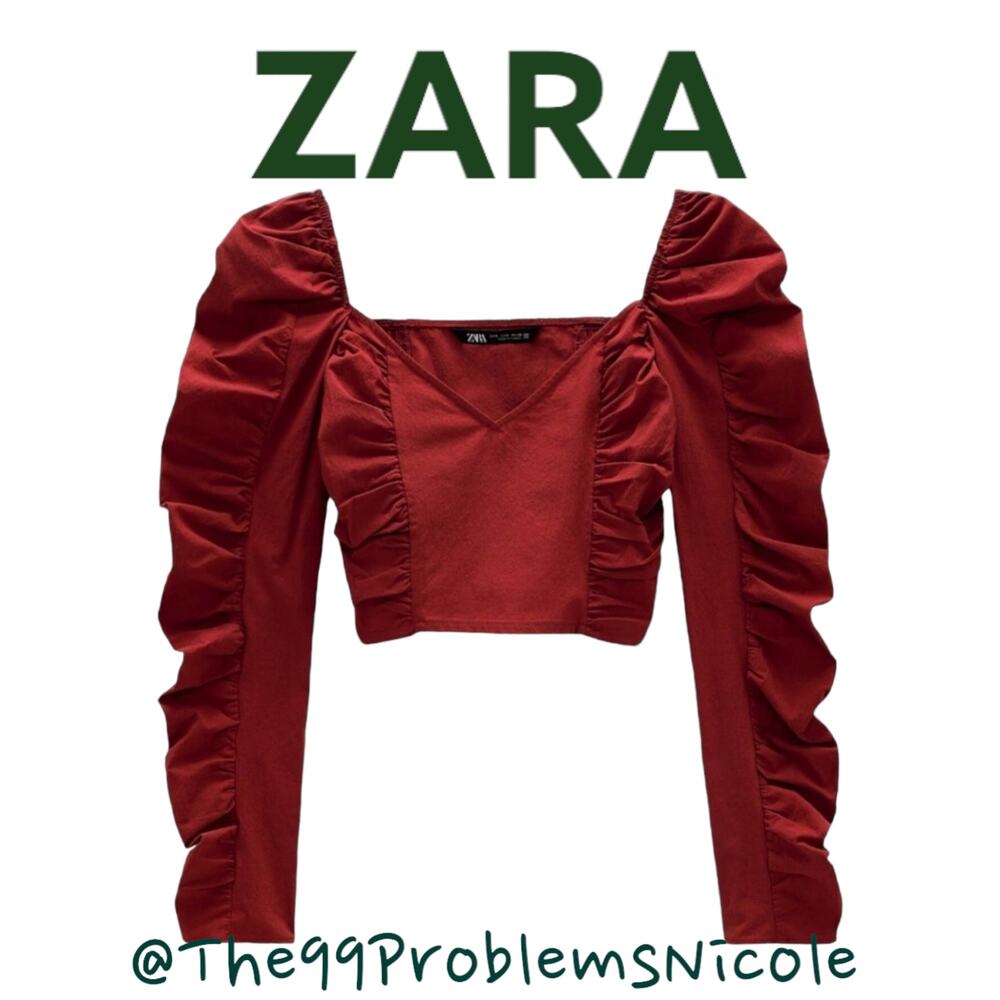 ZARA V-Neck Crop Top with Puff Shoulders Size XS
